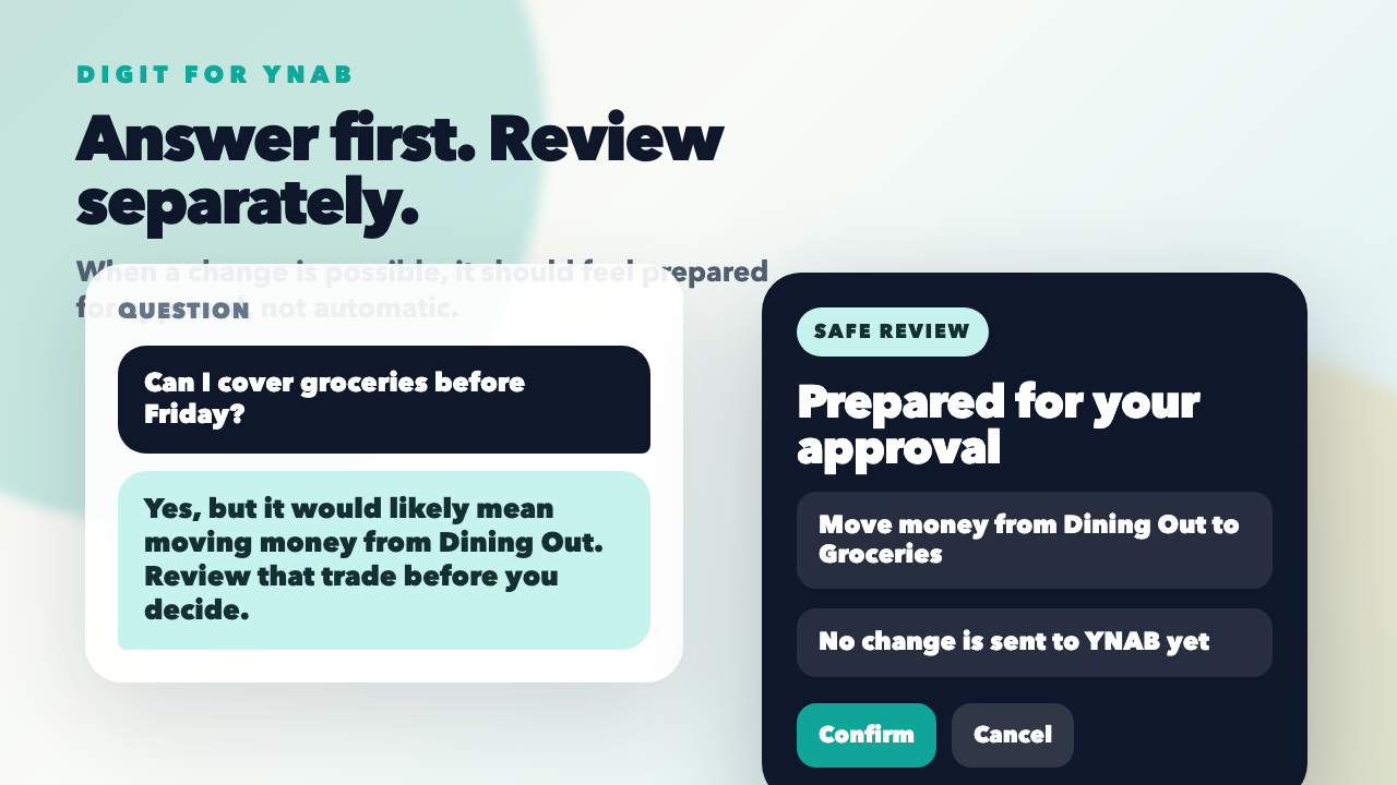 GetDigit interface showing a budget question answered first, with proposed changes separated for review and confirmation